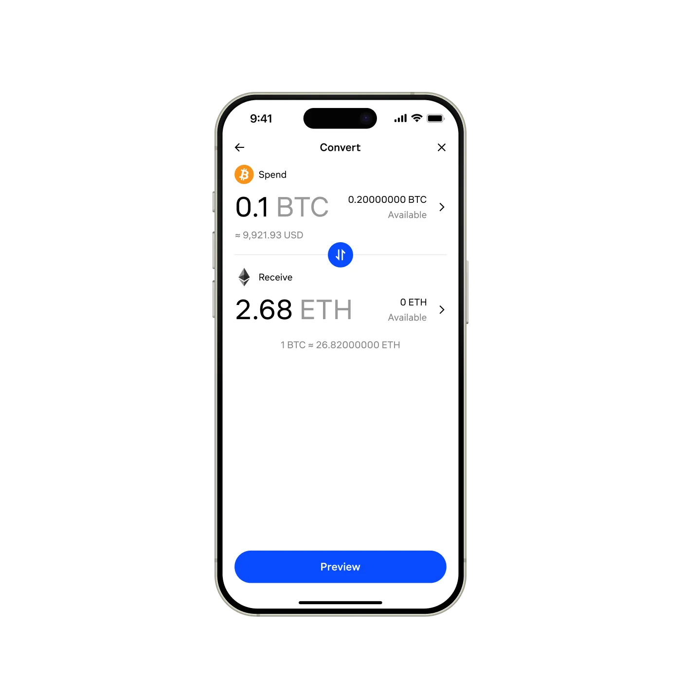 Crypto exchange Convert flow – simplified UI for converting one asset to another
